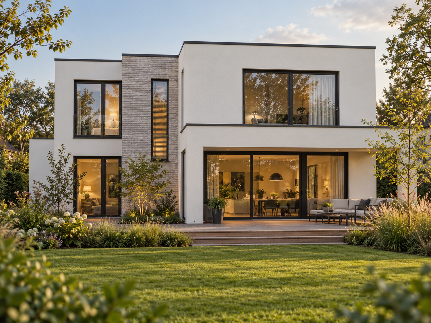 Illustratives Architekturmotiv: moderne Stadtvilla mit Flachdach und großen Fenstern in einem grünen Garten